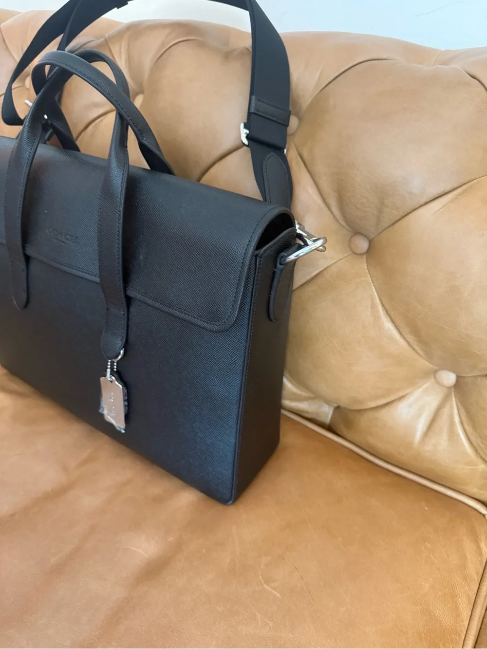 Coach Black Leather Men's Tote with Silver Signature Tag
